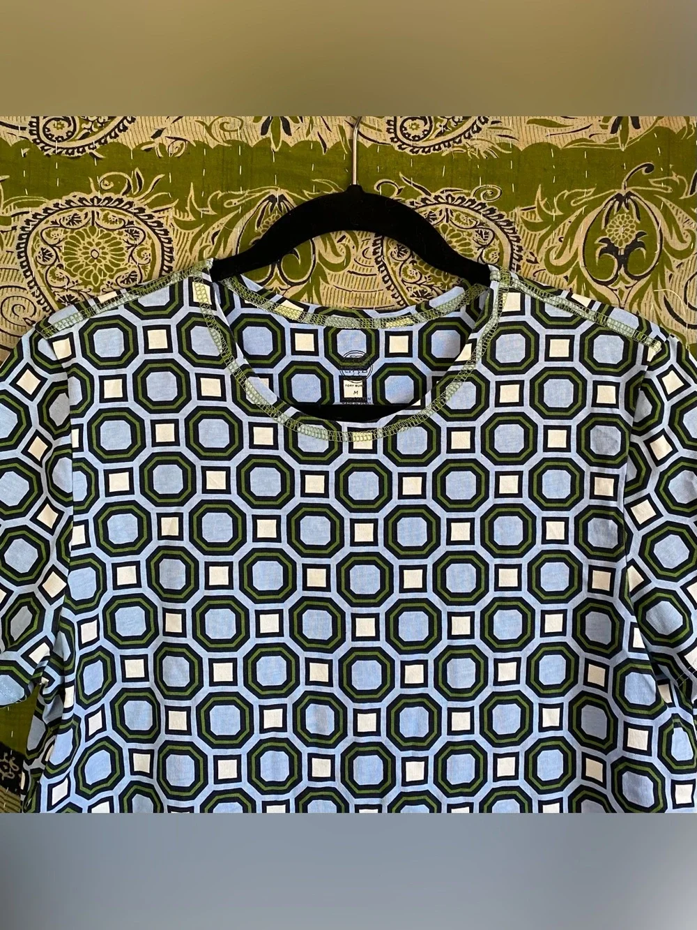 Tory Burch Louis Blue/ White/ Green Geometric Print Cotton T-Shirt Size Medium